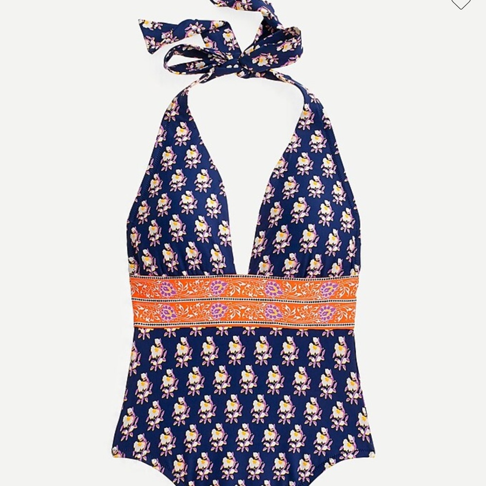JCREW Halter V-neck one-piece in navy block print